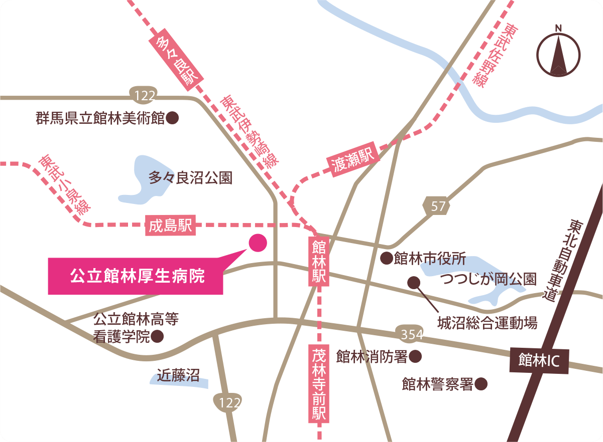 公立館林厚生病院への地図